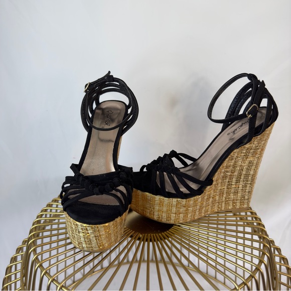 Qupid Shoes Qupid Wedges Black And Gold Heel Ankle Strappy Sz 75